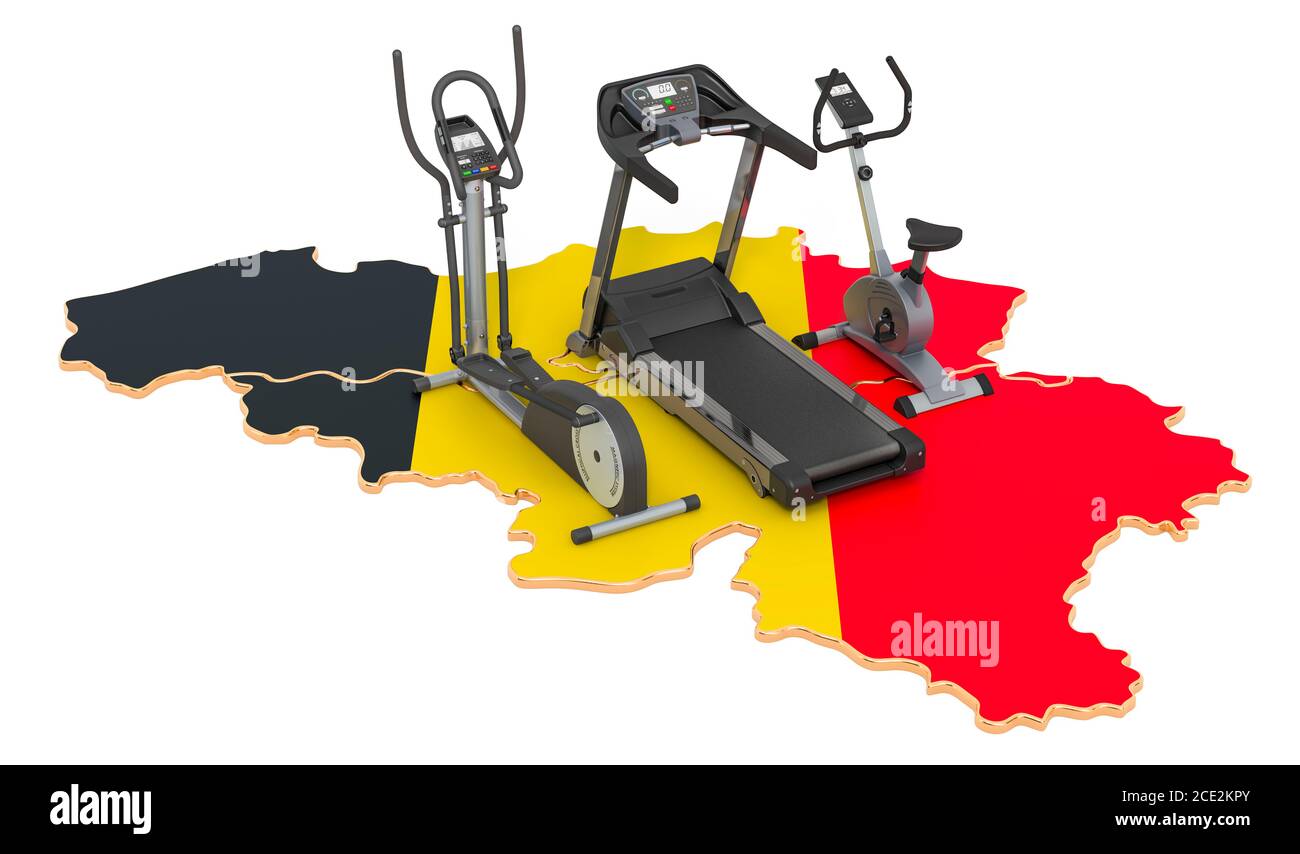 Club sportivi in Belgio. Fitness, attrezzature sportive sulla mappa belga. Rendering 3D isolato su sfondo bianco Foto Stock