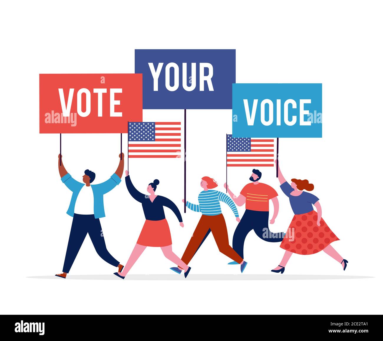 Gruppo di persone, camminando con bandiere alle elezioni. Folla di donne e uomini in una dimostrazione. Concetto di campagna elettorale, vettore di tema di voto Illustrazione Vettoriale