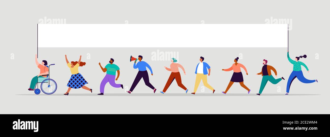 Gruppo di persone, a piedi con bandiere. Folla di donne e uomini in una dimostrazione. Concetto per la campagna pubblica, tema di voto background vettoriale. Illustrazione Vettoriale