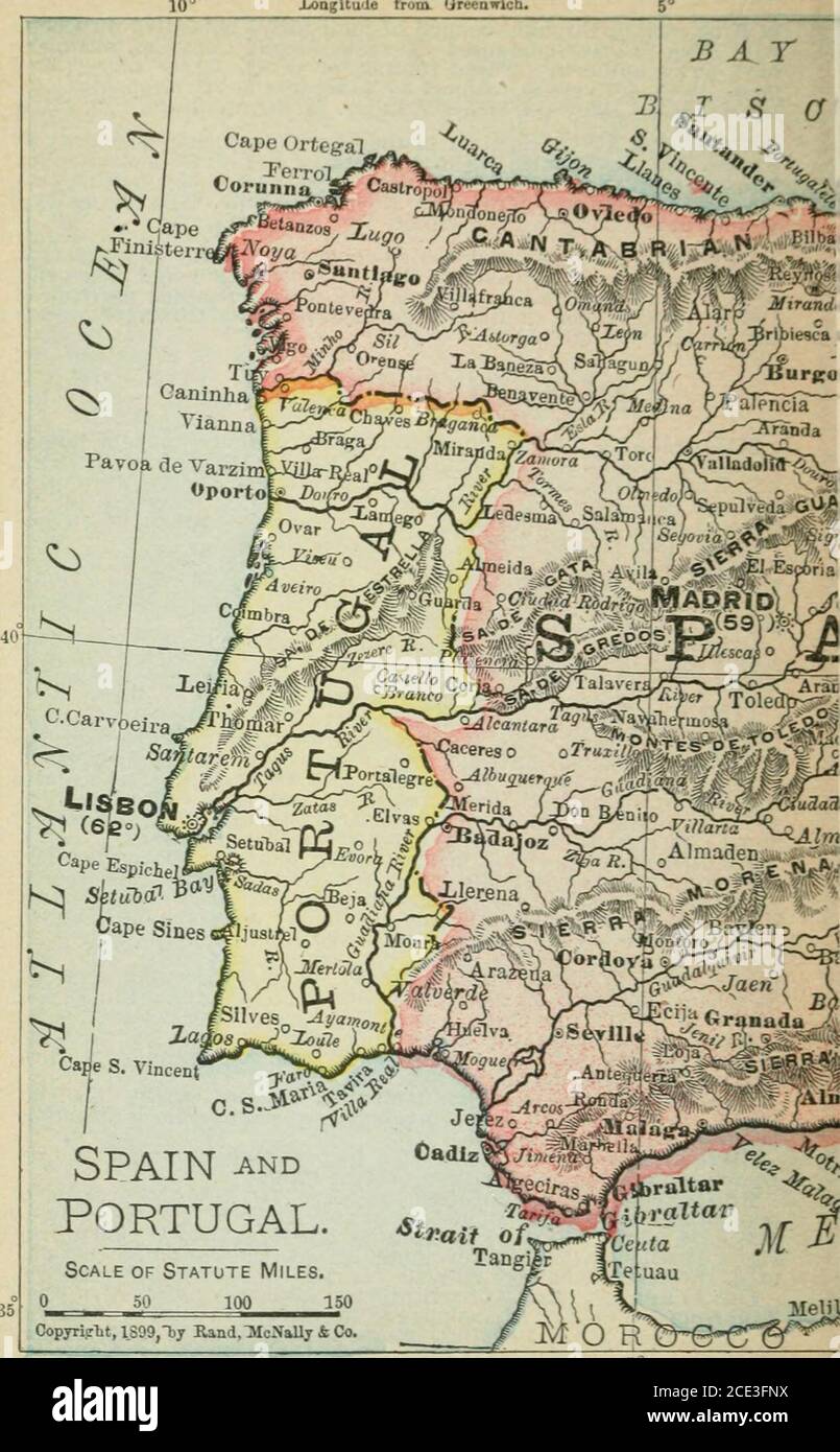 . Rand McNally Pocket atlante del mondo : storico, politico, commerciale . Popolazione 1890, 5,049,729, compresi: Azzorre, 255,594; Madera, 134,040. Per miglio quadrato, 141.9. Abitanti della stessa origine degli Spagnoli;lingua un dialetto dello Spagnolo. Città.-li*bo&gt;i, capitale e porto principale: Popolazione 1890, 301,206.Oporto, popolazione 138,860, centro del commercio del vino. Istruzione, ecc.-Istruzione indietro. Nel 1890, il 79.2 per cento di analfabetismo di popolazione. Legge obbligatoria non applicata. Scuole elementari 1890, 5,339; alunni, 237,791. Spese 1898-99, 81.272.880. Un univer-sity, 1,000 studenti 1898. St Foto Stock