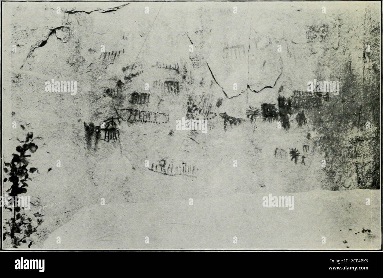 . Bollettino Sierra Club . SCOGLIERA INDIANA, VALLE DI PATE. PITTOGRAMMI INDIANI, PATE VALLEY.From Fotografie di E. W. Harnden, 1907. Pittogrammi indiani nella Valle di Pate. 259 le modeste note degli scopritori di queste registrazioni interetnologiche difficilmente indicano l'impatto-)f della ricerca. Nessuno finora è stato trovato nelle aree di drenaggio Tuolumne o Merced; così thatscover- stabilisce un nuovo limite settentrionale per questi scritti?ictor .1. Un'autorità sull'antropologia, whorias visto queste fotografie, scrive che le riguardano asseseguenti: Nulla può essere detto del significato dei thecharacters contenuti. Tale marchio Foto Stock