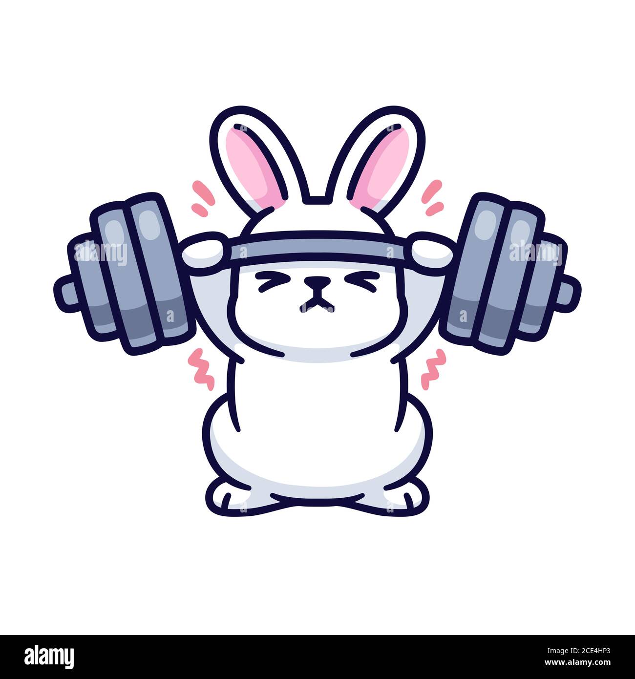 Gym coniglietto, carino cartone animato bianco coniglio sollevamento pesante barbell. Divertente disegno di forma fisica e di esercizio, illustrazione vettoriale isolata. Illustrazione Vettoriale