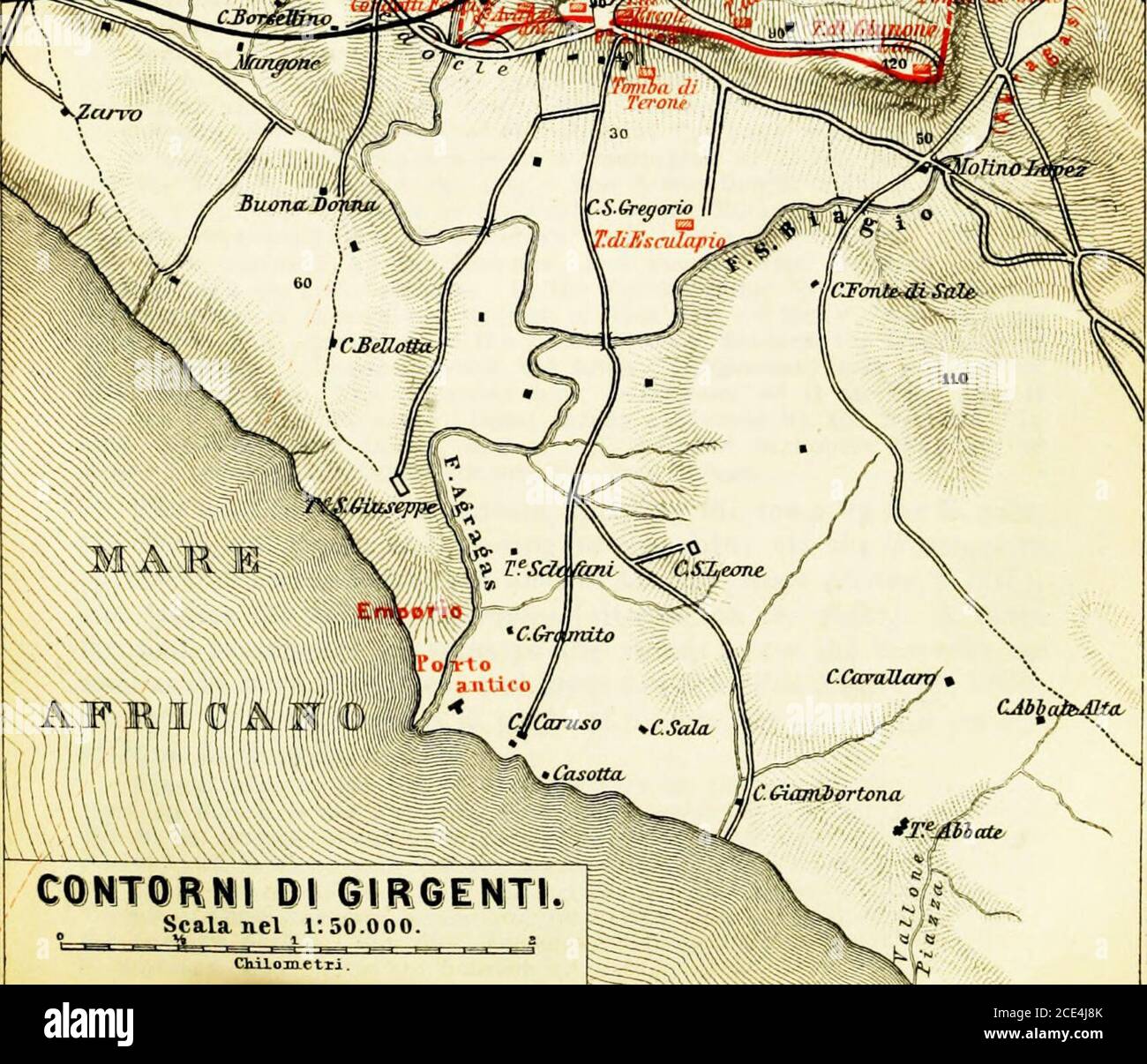 . Italia: manuale per i viaggiatori. Terza parte, Italia meridionale e Sicilia . I ; «! »«il. COMTQRNL DL GIRGENTI. Scala nel 1:50.000. &gt; . - ? „ J^. OnprajTi tncrnH -rtiiL . WA.gn.er nt Debes, leijzig. Storia. GIRGENTI. 29. Percorso. 303 sviluppo di Aragas- il paese si trovava su una collina che discendeva dal lato nord, e si diramava dolcemente verso la costa dello S., costeggiante i due fiumi Aragas (SanBiagio) e Hypsas (Drago). Si compone di due parti: L'Acropoli al N., la cui parte Ovest, dove sorgeva il tempio di Zeus Polieus, contiene la città moderna (1080 piedi), mentre la parte E. Foto Stock