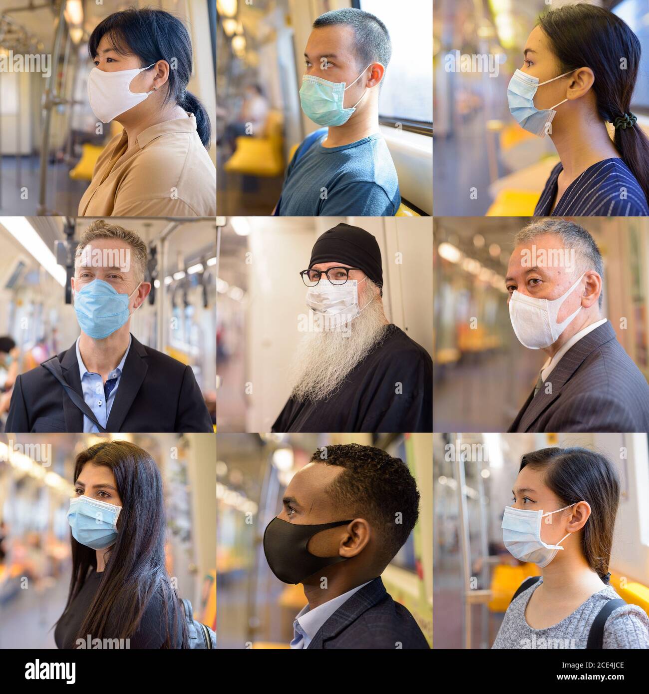 Collage di persone che indossano una maschera protettiva per il viso all'interno del treno Foto Stock