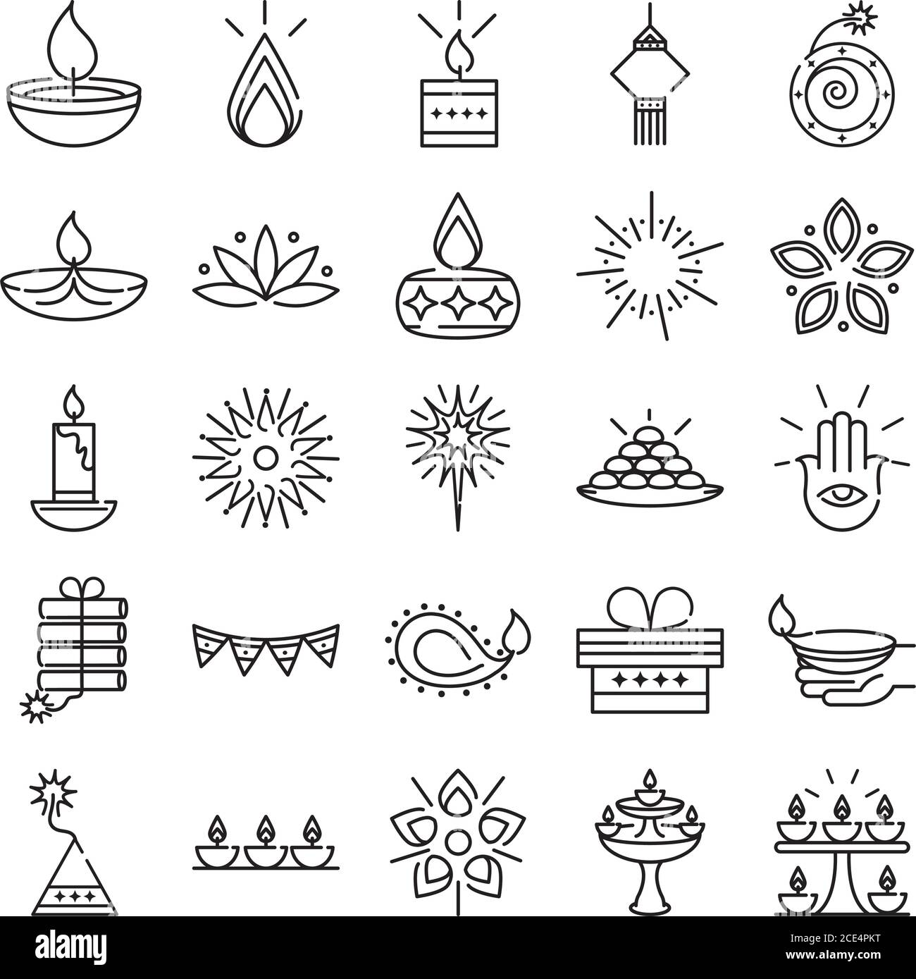 happy diwali india festival, deepavali religione decorazione linea icone stile illustrazione vettoriale Illustrazione Vettoriale