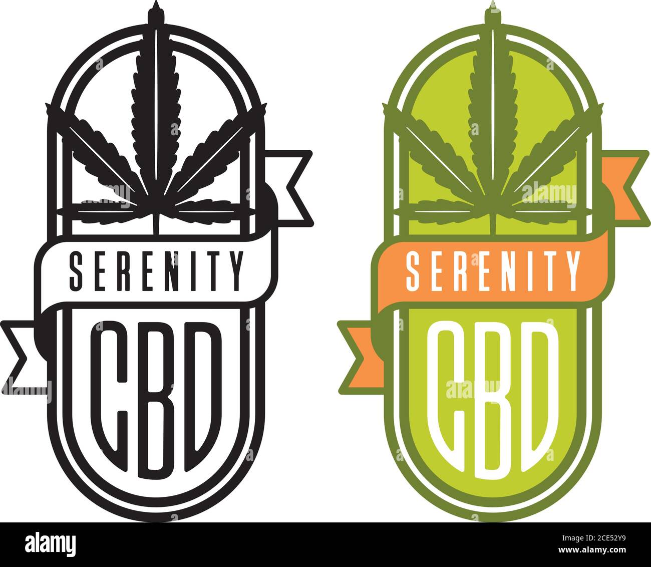 Logo o badge vettoriale CBD di cannabis. Disegno di foglie di cannabis con CBD e banner Serenity. Include versioni a colori e in bianco e nero. Illustrazione Vettoriale Logo o badge vettoriale CBD di cannabis. Disegno di foglie di cannabis con CBD e banner Serenity. Include versioni a colori e in bianco e nero. Illustrazione Vettoriale