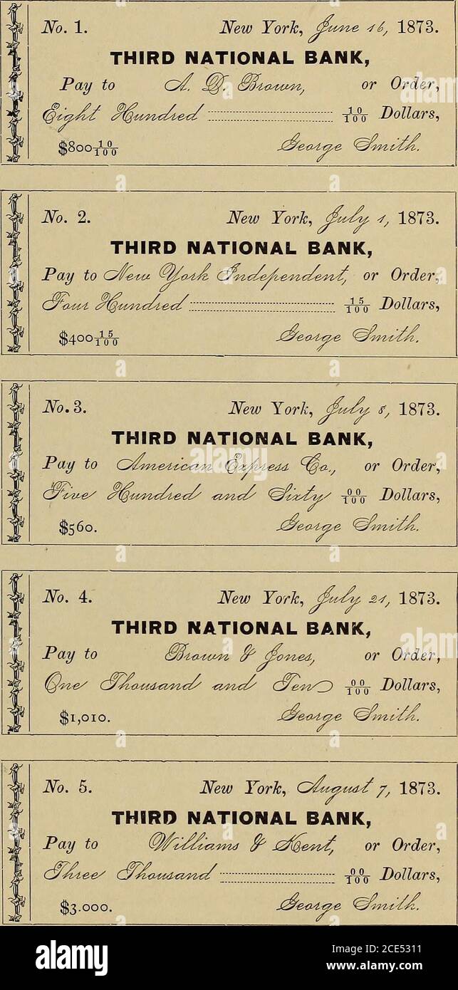 . Hill's Manuale delle forme sociali e di affari: Una guida alla corretta scrittura .. . – la lancia viene colpita, che poi in banca ha sgombrato la quantità di depositi. Il seguito mostra la forma ordinaria di tenuta del conto bancario: T)T. Terza banca nazionale in ac. 1873. Jane 8 io• 15 Luglio 7 20 Avg. 7 al saldo di cassa 8,0001 1,400 300 150 5,000 14,850 9,079 75 CON George Smith. Cr 1873. Avig. 7 Balance 5Vouch8retd 800 10400 155H0, 1.010, 3,000 9,079 75 14,850 il Check Book è un libro di ordini in bianco, o assegni come vengono chiamati, con un margine sul quale fare un memorandum di data, importo, e a cui l'assegno è dato. Foto Stock