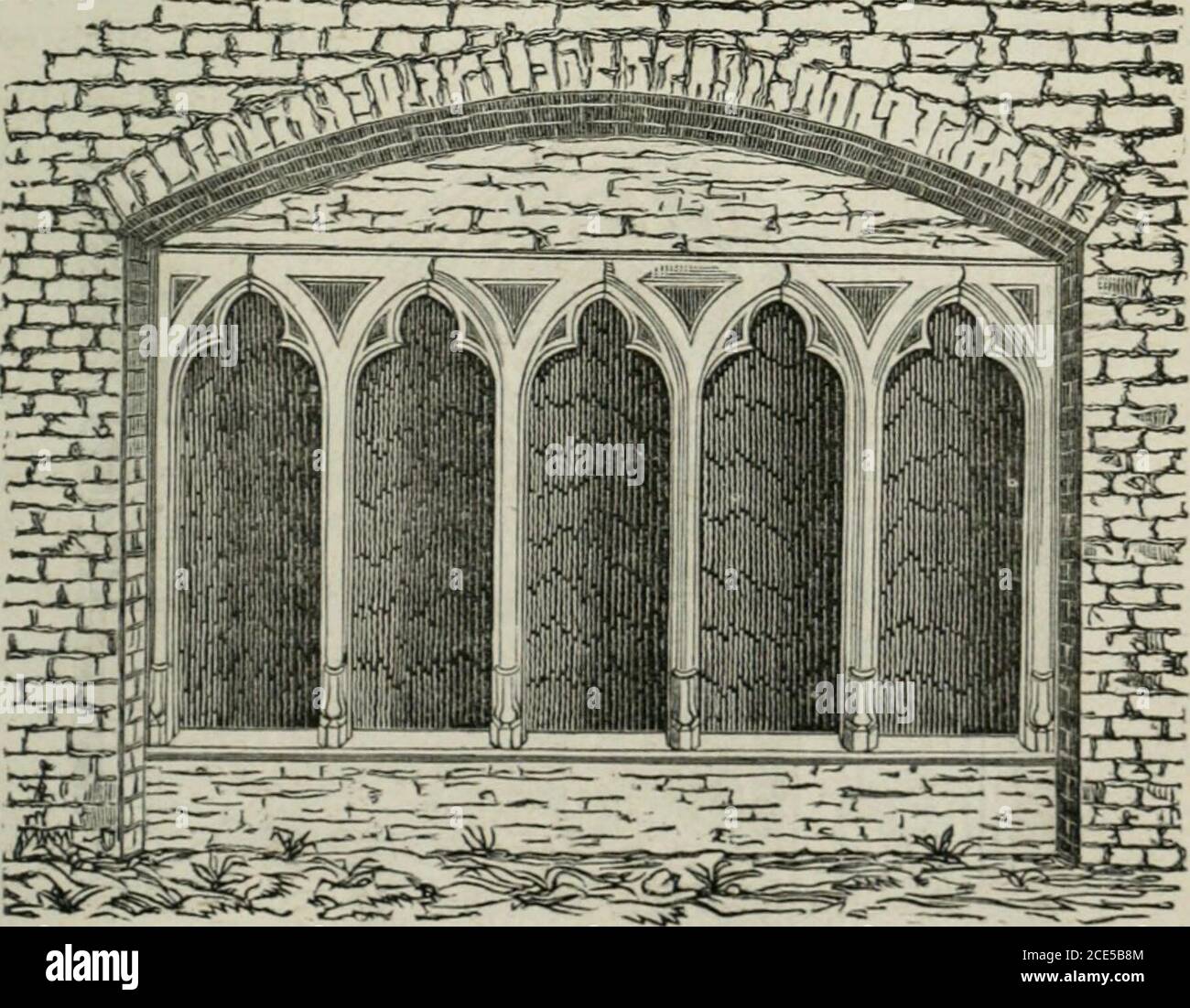 . Eléments d'archéologie chrétienne . menaient dans lesgaleries du cloître. Les cloîtres du xv^ siècle ne difèrent ordinaidement deceux du xiii et du xiv que par la décoration des contre-forts, les dessins formés par les meneaux, le système deconstruction des voûtes et les détails de larchitecture. Lesclefs de voûte, par exemple, sont parfois, comme dans leséglises et les autres monuments de la même époque, ornéesdécussons armoriés et de pendentifs, et les piliers portent,en saillie, des culs-de-lampe sultés, destinés à recevoir desstatues couronnées et de pinais. Dès le XIV® sièc Foto Stock