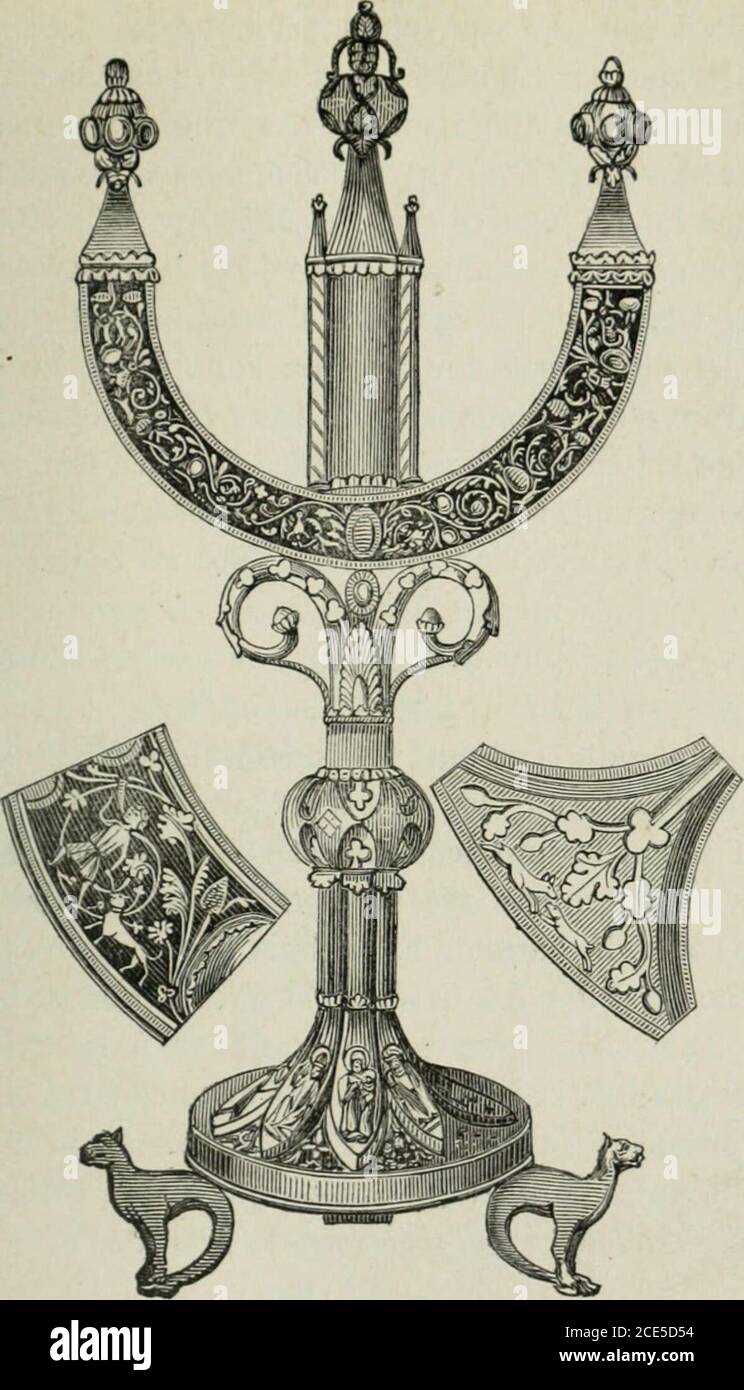 . Eléments d'archéologie chrétienne . chéologie^ parle de cereliquaire : « le Monument, dit-il, est en argent doré ouniellé. Cette opposition de couleur et deffet entre la niellede largent et la ciselure de lor est un caractère particulierdes ouvrages dHugo. Ses rinceaux à jour ont aussi un fairrequi lui est propre, et je doute que leur beauté ait été, à lamême époque, surpassée quelque part. CE nest Plus lemince filigrane byzantin dont nous avons vu de si beauxspécimens dans la châsse de Notre-Dame (Daix-la-Chapelle);ce sont les Plus somptueux rinceaux de larchitecture con-temporaine transport Foto Stock
