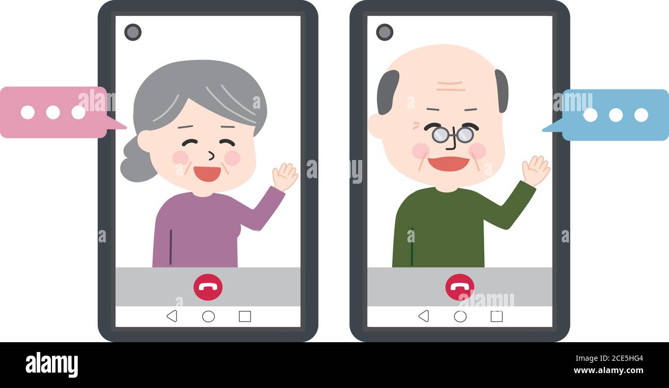 Persone anziane che hanno una videochiamata su tablet o smartphone. Illustrazione vettoriale con bolle vocali isolate su sfondo bianco. Illustrazione Vettoriale