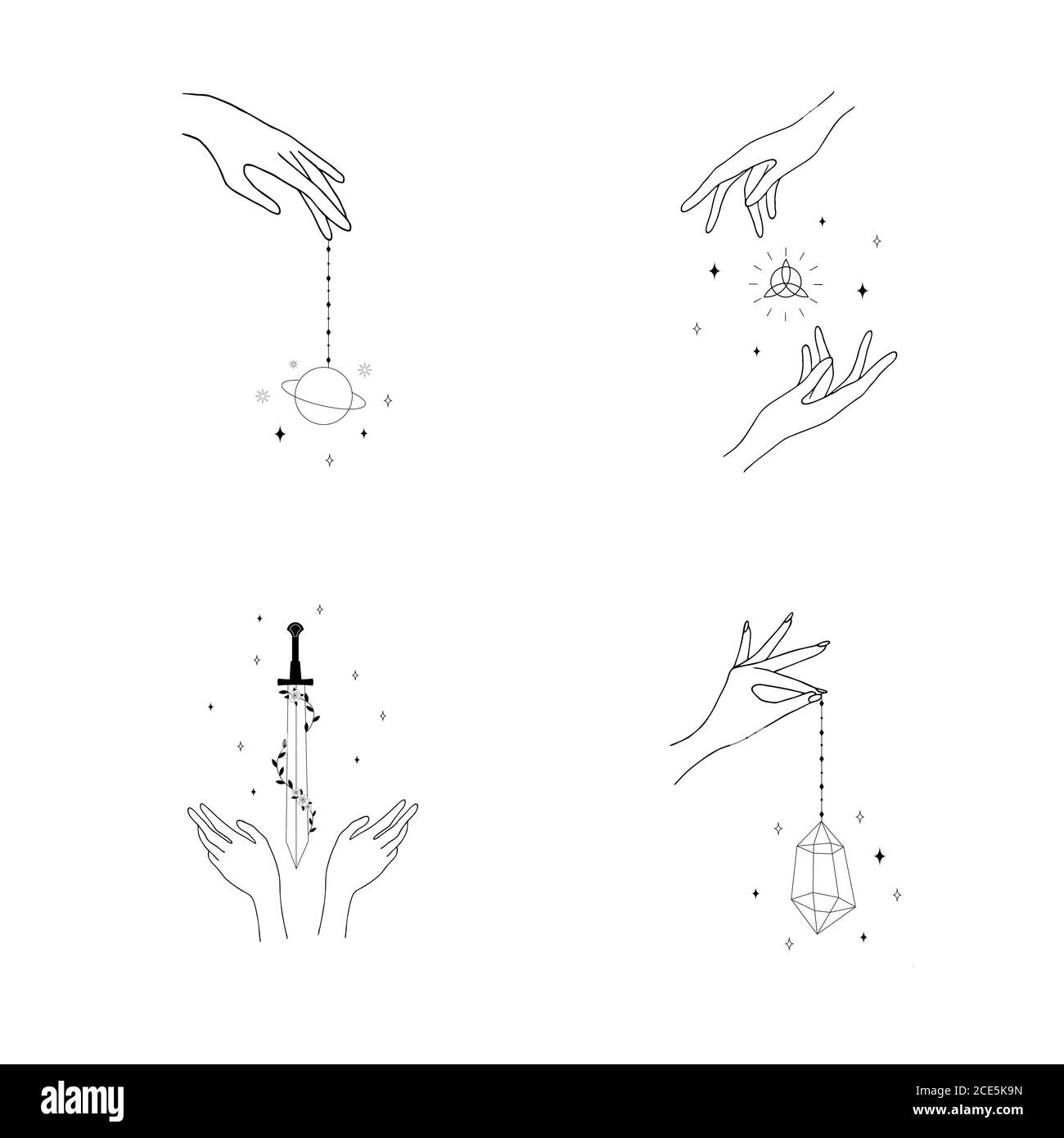 Set di loghi femminili a mano in uno stile lineare minimo. Diversi gesti delle mani vettoriali con spada, stelle e cristallo. Logo astratto per cosmetici o. Illustrazione Vettoriale
