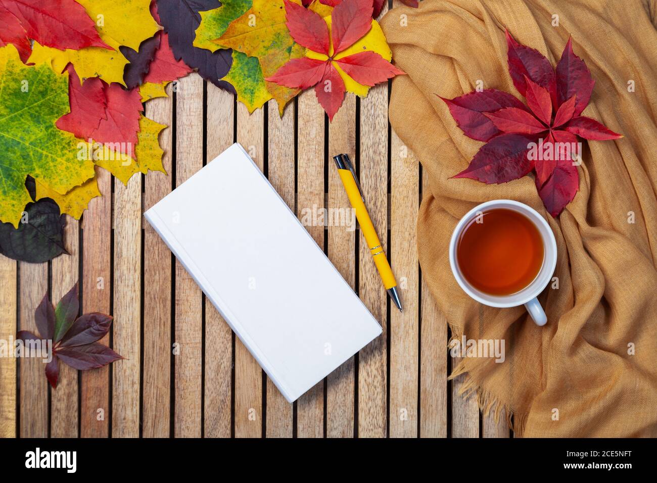 Foglie d'autunno, taccuino bianco, tazzina da tè sul tavolo, tovagliolo tessile, sfondo di legno Foto Stock