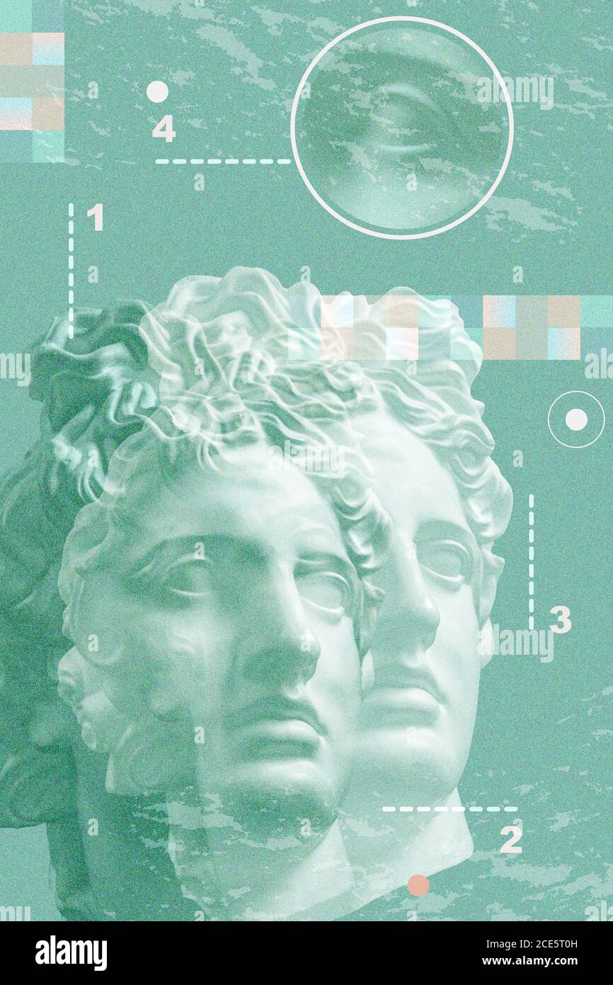 Collage d'arte con antiche sculture di volti e numeri Apollo, forme geometriche. Tema bellezza, moda e salute. Scienza, rese Foto Stock