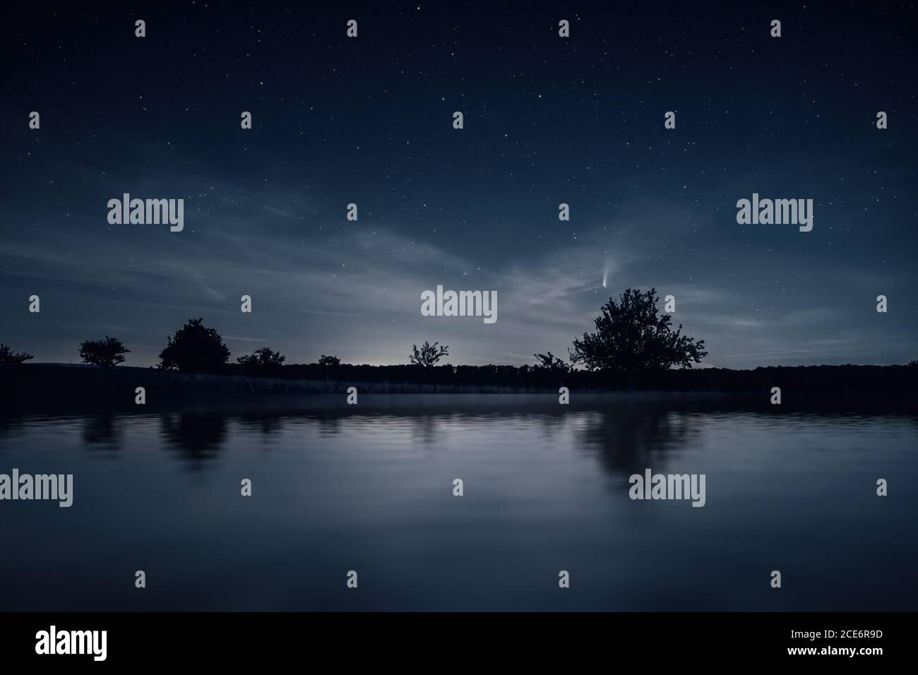 Scenario notturno con cometa Neoswise Foto Stock