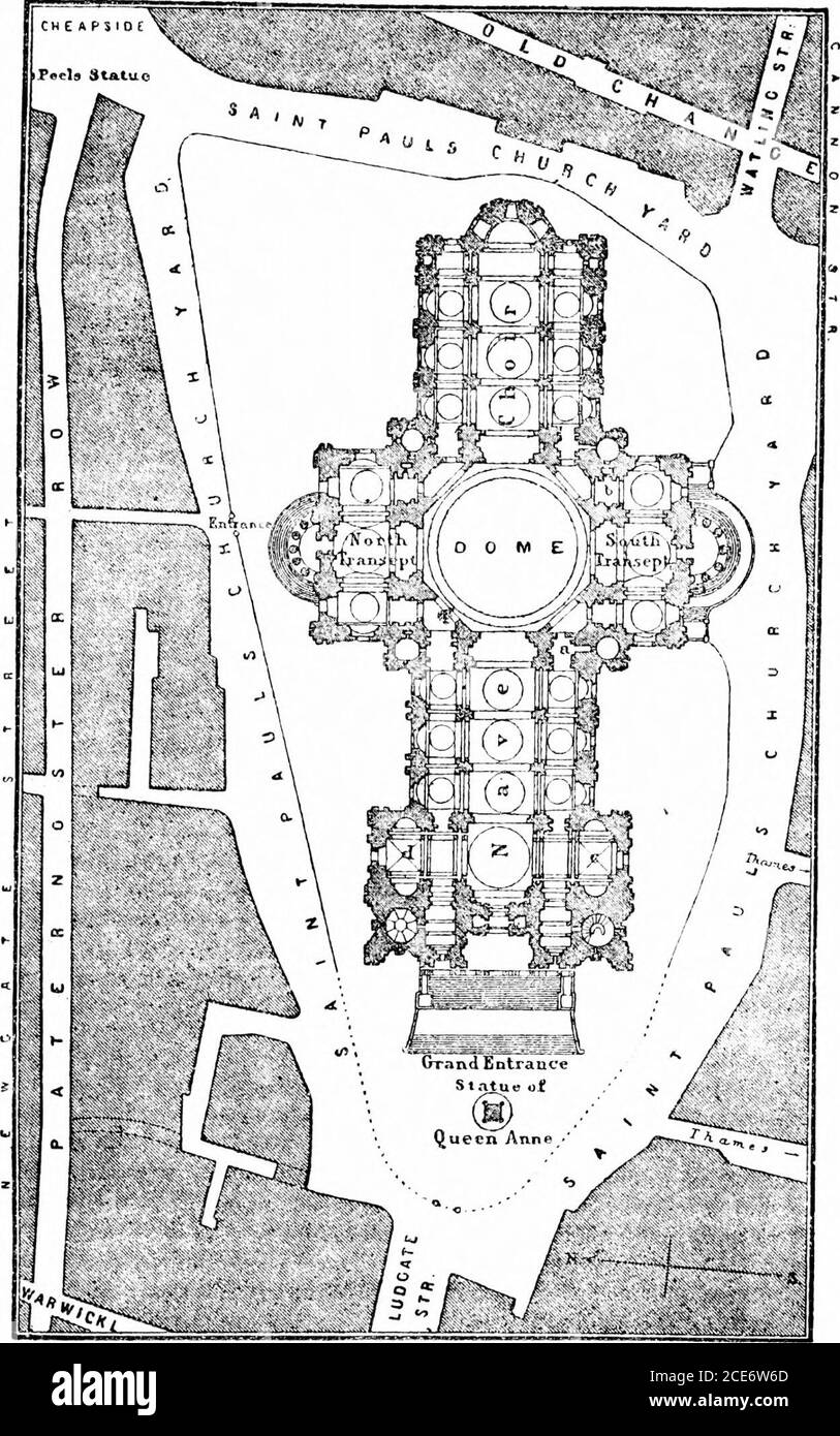 . Londra e i suoi dintorni, comprese le escursioni a Brighton, l'Isola di Wight, ecc.: manuale per i viaggiatori . ower, 222 metri di altezza, con statue dei quattro Evan-gelisti agli angoli. Ogni braccio del transetto è terminato da portico asemicircolare, ornato da statue vive degli Apostoli, byBird. Sopra il portico di S. è una fenice, con l'iscrizione Re-surgam, di fibber ,• sopra il portico di N., le braccia inglesi. In ri-ferenza alla prima è legato che, quando la posizione e le dimensioni della grande cupola era stata segnata, un operaio wasordered di portare una pietra dalla spazzatura Foto Stock