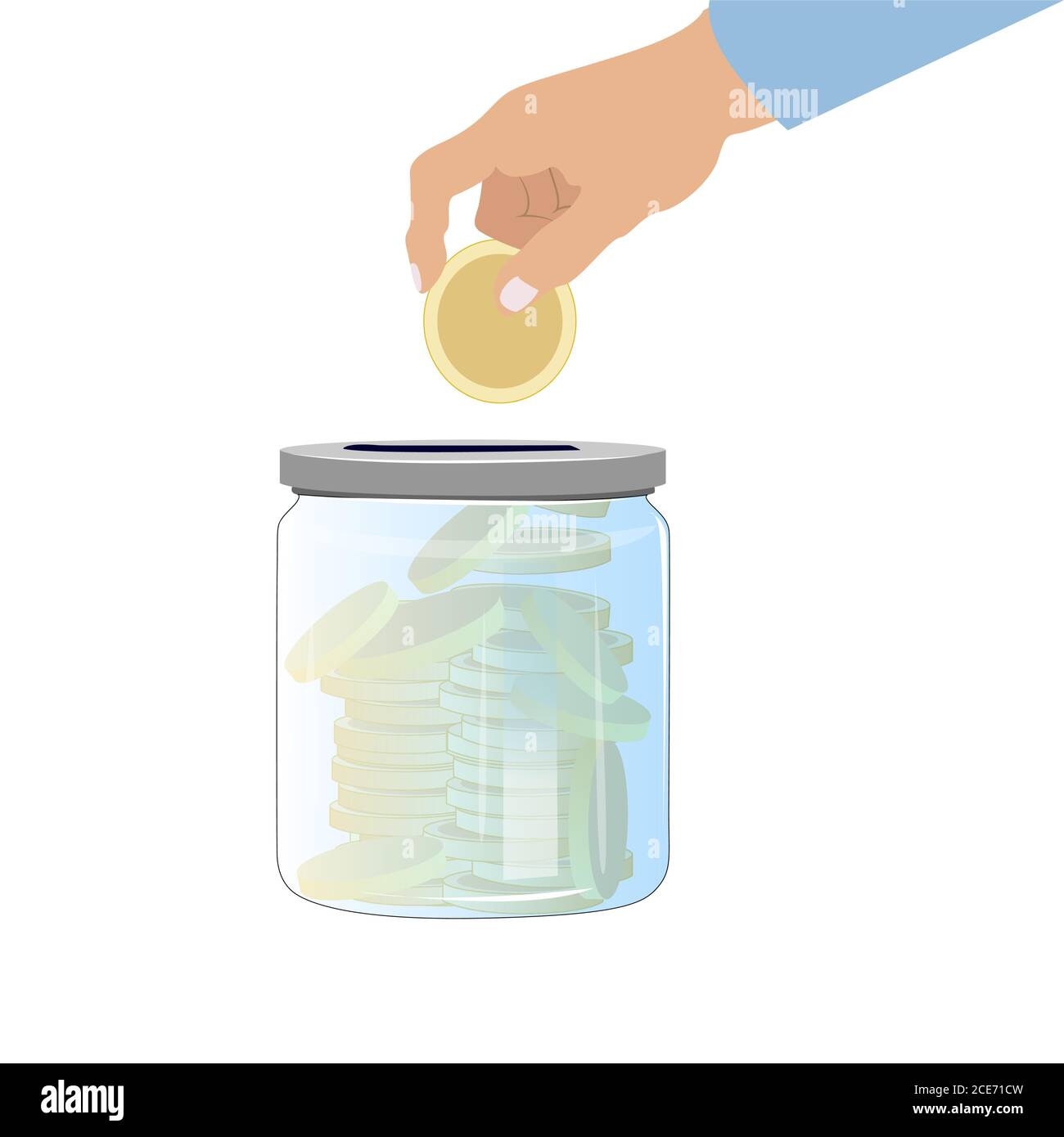 Raccogliere denaro in vaso di vetro. Deposito bancario, cartone animato per donazione, vettore raccolta reddito e profitto illustratone Illustrazione Vettoriale