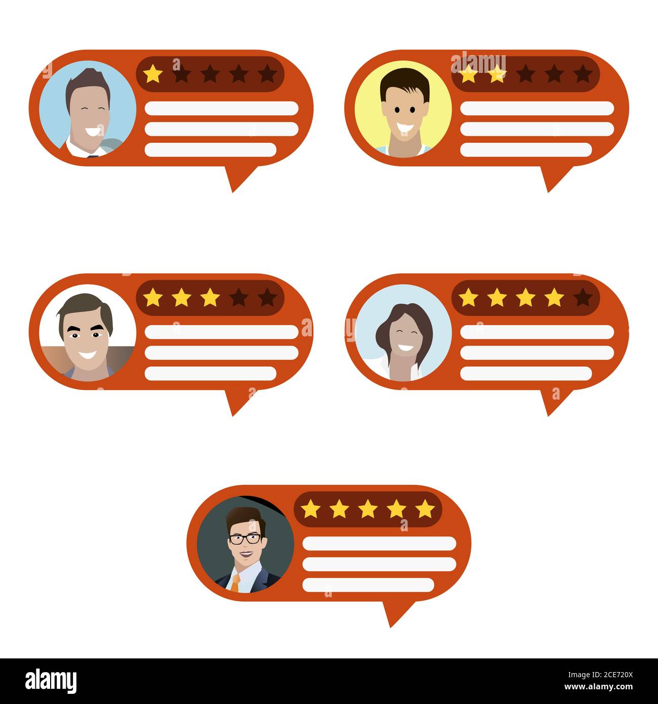 Feedback e revisione dei clienti, soddisfazione dell'esperienza con le stelle d'oro, bolla del discorso con sondaggio, opinione del messaggio online da parte degli utenti uomo e donna, soc Illustrazione Vettoriale