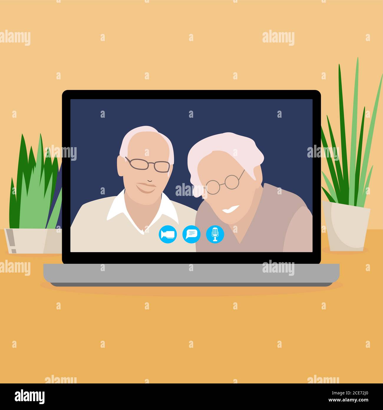 La videochiamata ai genitori utilizza il computer portatile. Video vettoriale online e chat con laptop, tecnologia moderna, per le persone anziane conversazione, nonni insieme sp Illustrazione Vettoriale