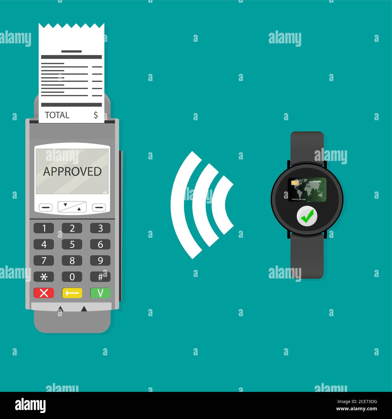 PayPass con smartwatch. Transazioni vettoriali senza contatto wireless. Moderna transazione di pagamento, cassa senza contanti, trasferimento di denaro smartwatch per gli acquirenti Illustrazione Vettoriale