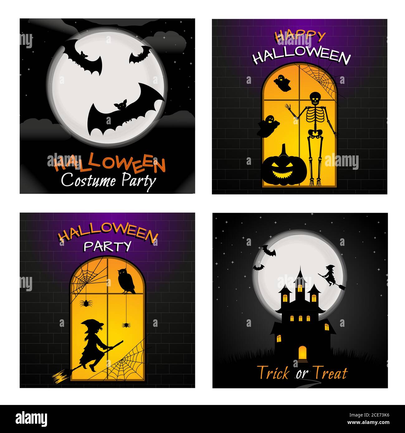 Happy Halloween biglietti d'auguri o modello di banner con caratteri horror icone Silhouette illustrazione vettoriale. Illustrazione Vettoriale