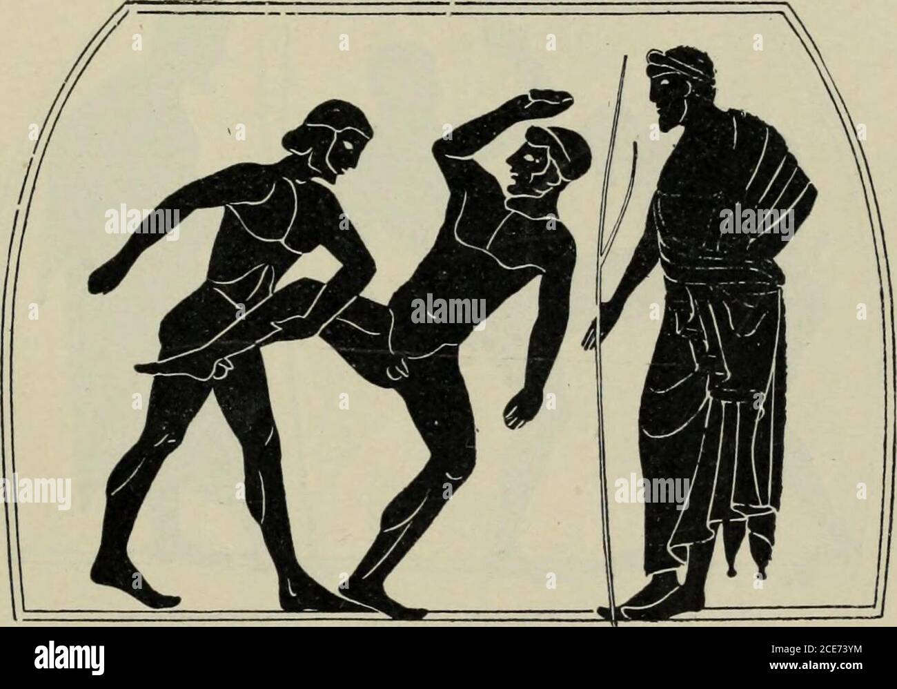 . Sport e festival sportivi greci Il significato della parola traducedgouting è chiaro da Aristofanes. Significa scavare la mano o le dita negli occhi, nella bocca e in altre parti teneredel corpo. Un'illustrazione vivida di sgorbia si verifica su una chilice del museo di BrigishMuseum (Fig. 151). Uno dei pankratiasts ha inserito^ im. ii. 6. 2 j^g^^ 442 ; Pax, 899. XX PANKRAATION - IN PIEDI E SUL GEOUND 439 il pollice e il dito nel suo occhio avversari come se per gouge itout, e il ufficiale si sta affrettando con il suo bastone sollevato tointerferire e punire tale gioco fallo. Uno scenario simile è rappresentato o Foto Stock