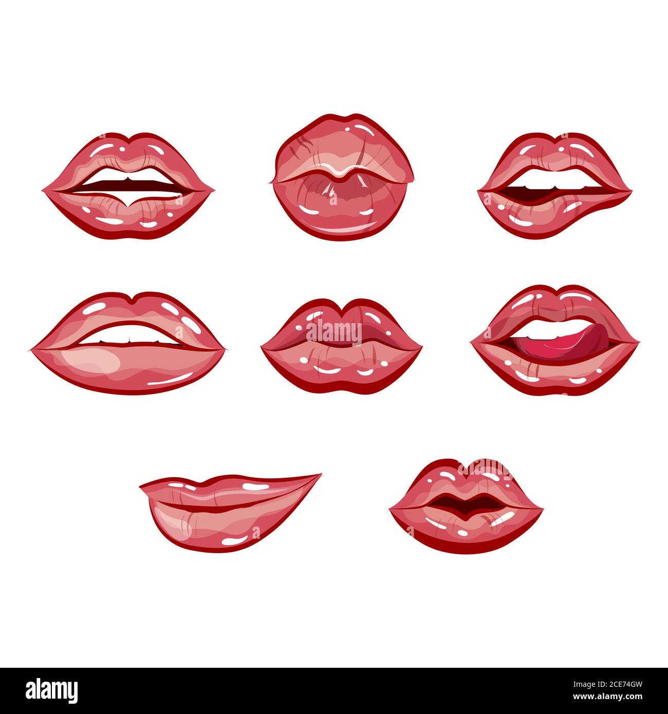 Labbra femminili sexy e seducenti. Vector rossetto bocca, illustrazione bellezza trucco, cosmetica romanticismo sensualità primo piano, collezione di lucido sensuale e. Illustrazione Vettoriale