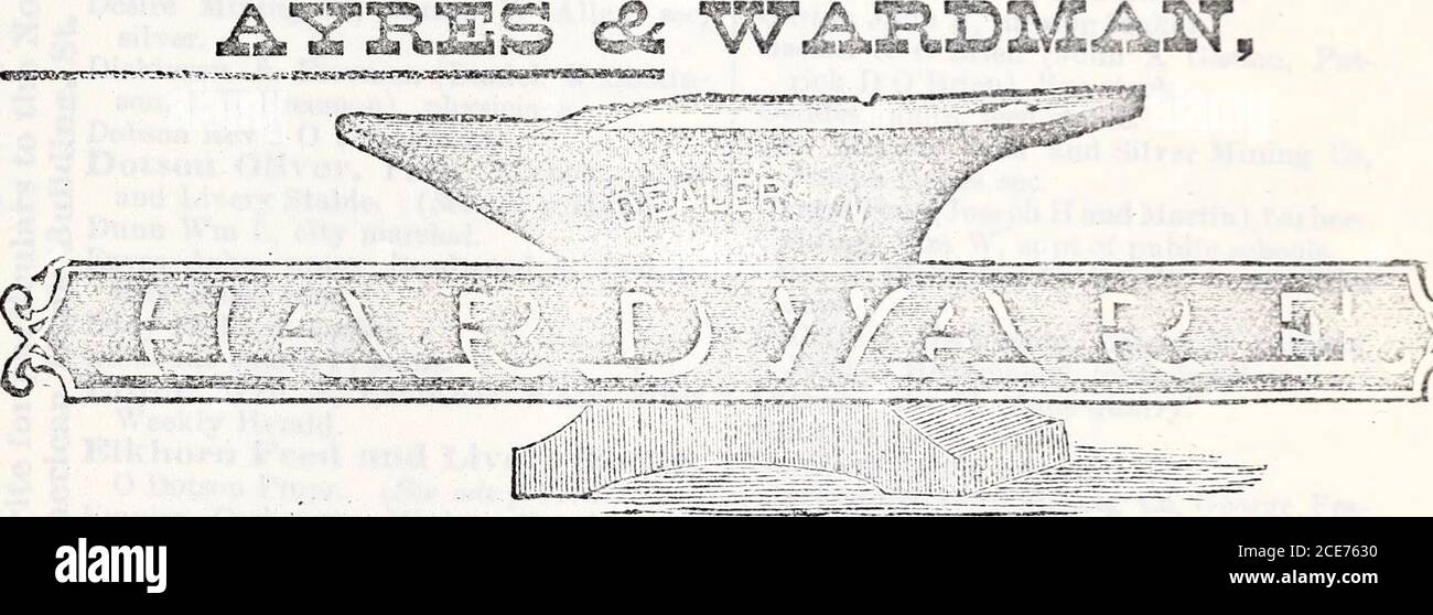 . Minnesota, Dakota del Nord e del Sud e Montana gazetteer e indice di affari . 0 ? BANCA NAZIONALE DEADWOOD, LEGITTIMA! ATTIVITÀ BANCARIA IN TUTTE LE FILIALI TRASPORTATA. CAPITA!^, - - - 100,000 DOLLARI BEN BAER.W. E. ADAMS. I&GT; X IE*. 353 O O O O X?. S T J. D. HALE.JOHN R. WII^FIGLIO. GEN. A. R. Z. DAWSOX-GEO. C. HICKOK. PRTSIDCNT - GEORGE C. HICKOK. Tioe Presidente - BP:N BAER. A«s». CFTSHIER - ED, A. YOUNGLOYH. Speciale jittention giTcn alle collezioni RND psyment di ta.TCS. Denaro investito per i non residenti. • RIVENDITORE in SwOOC, STONE, MiEBLE, BRICK|AND: Lile, fa^JZI ALSO DKALKR ^ f^j;.- l GEMEHALiMERCHAMDISE. ^FIR Foto Stock