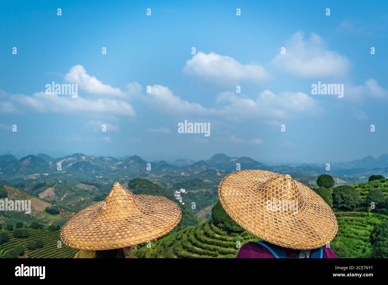 Ragazze che indossano cappelli conici cinesi asiatici tradizionali su un tè piantagione Foto Stock
