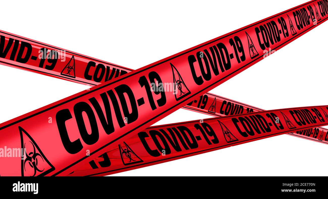 COVID-19. Nastri di avvertimento rossi con testo nero COVID-19 (il 2019 novel coronavirus, noto anche come 2019-nCoV). Isolato. Illustrazione 3D Foto Stock