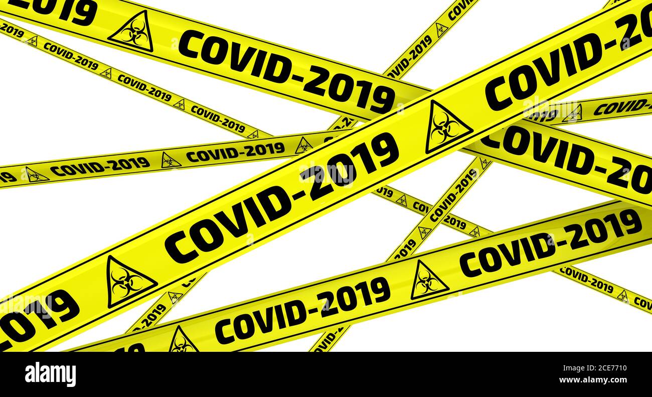 COVID-19.nastri di avvertimento gialli con testo nero COVID-2019 (il 2019 novel coronavirus, noto anche come 2019-nCoV). Isolato. Illustrazione 3D Foto Stock