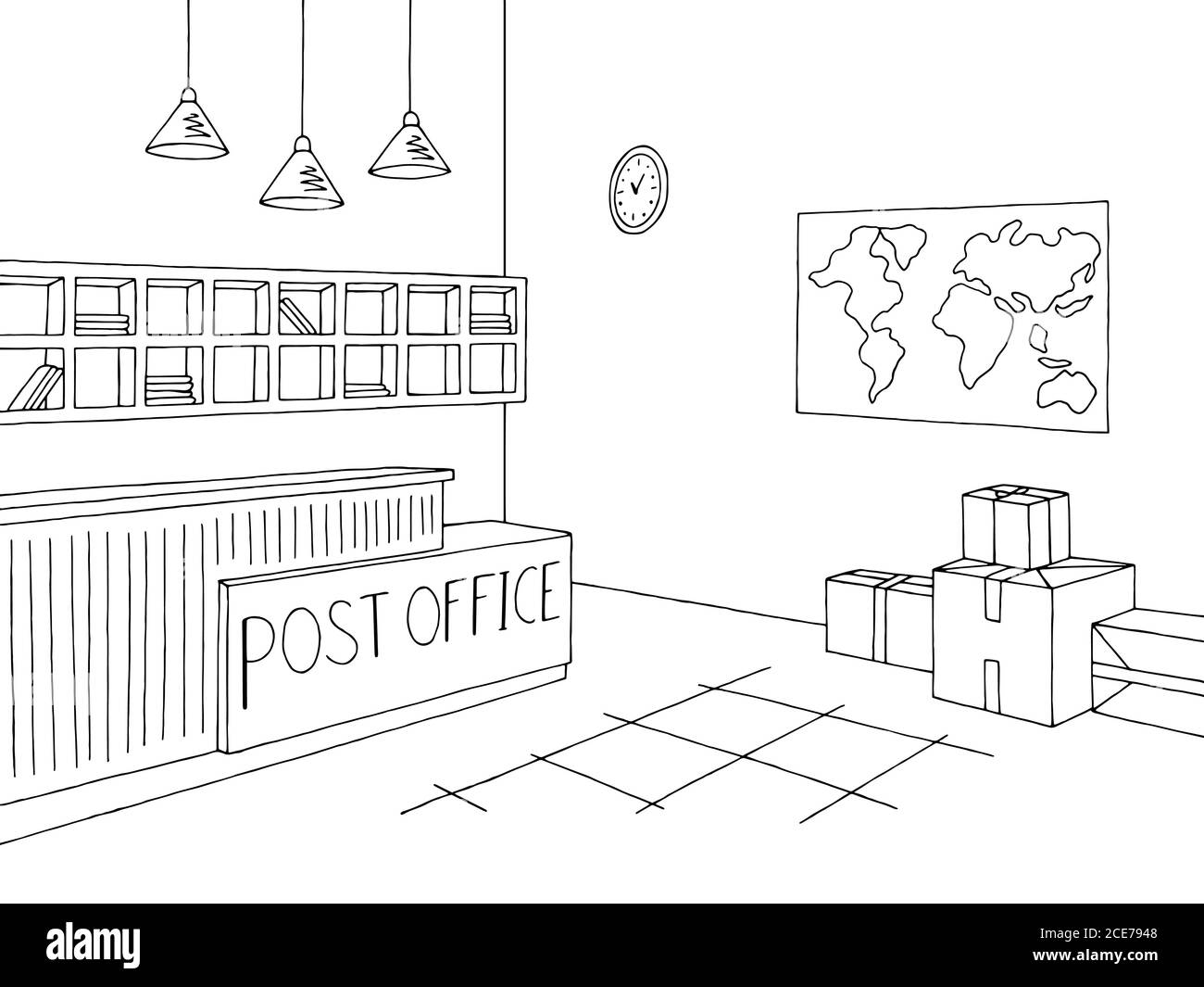 Immagine grafica interna dell'ufficio postale in bianco nero Illustrazione Vettoriale