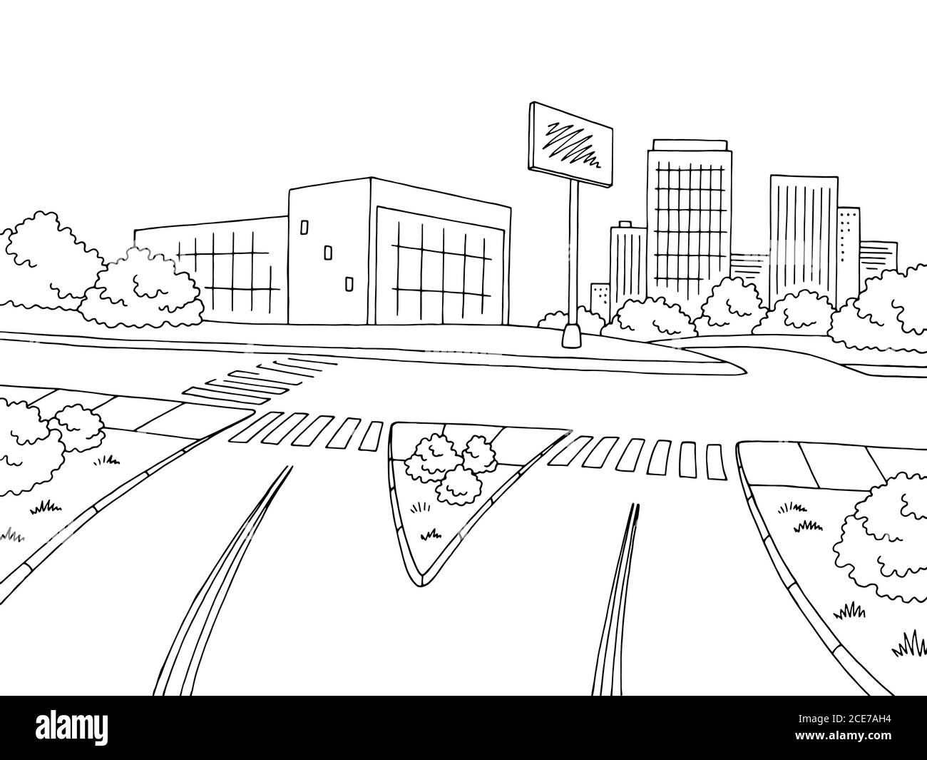 Grafico stradale nero bianco città crocevia paesaggio illustrazione schizzo vettore Illustrazione Vettoriale