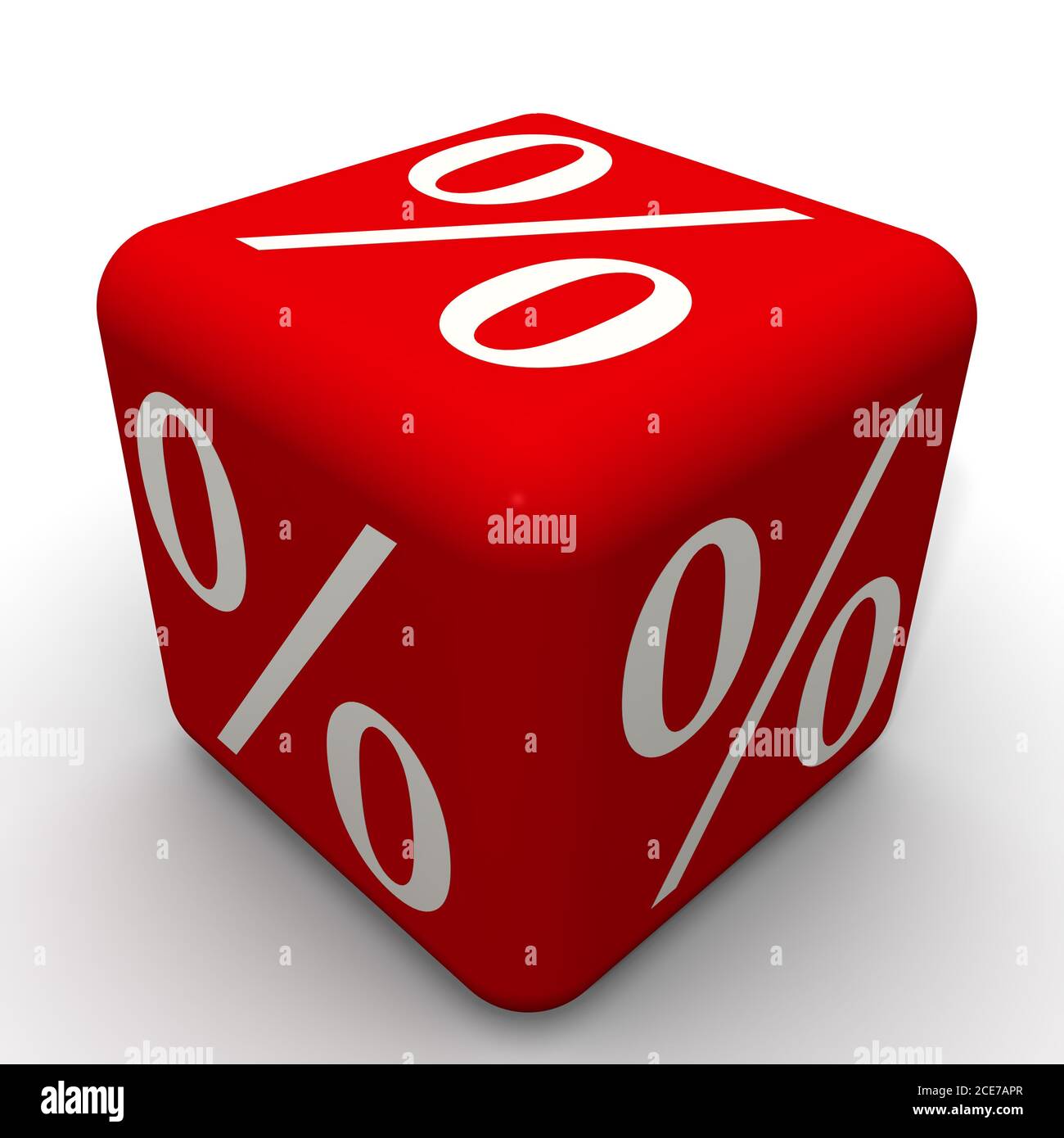 Cubo con simbolo percentuale. Cubo rosso con segno percentuale su una superficie bianca. Illustrazione 3D Foto Stock