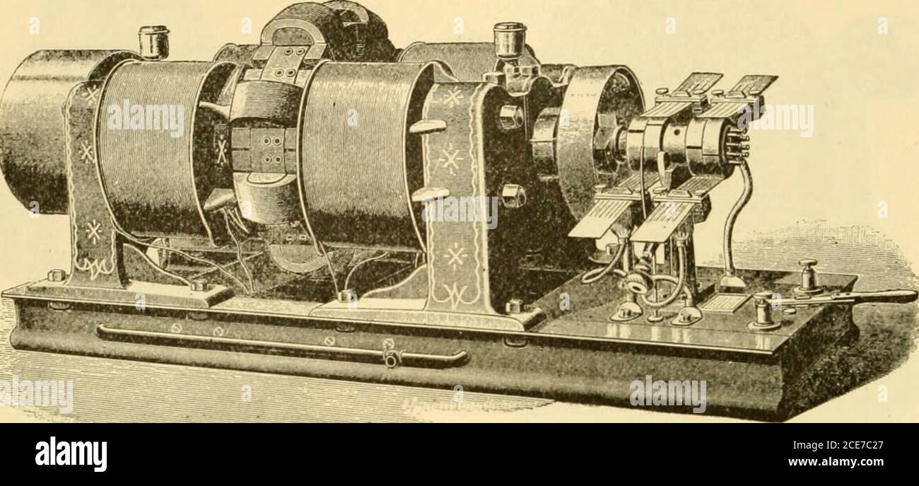 . Meccanismo moderno, che mostra i progressi più recenti nelle macchine, nei motori e nella trasmissione di potenza, essendo un volume supplementare alla ciclopedia di Appletons di meccanica applicata . 546 MOTORI, ELETTRICI. In linea di corsa. In entrambi i casi non ci può essere punto morto, e il movimento di Tlie è eontinuons e di frullato. Tho Brush motor, che è illustrato nell'incisione, Fig. 24, assomiglia molto alla dinamo Brush, ma i dispositivi aggiunti alla macchina allo scopo di assicurare la stabilità. Fi(i. ^1. Motore Biu.--h. Foto Stock