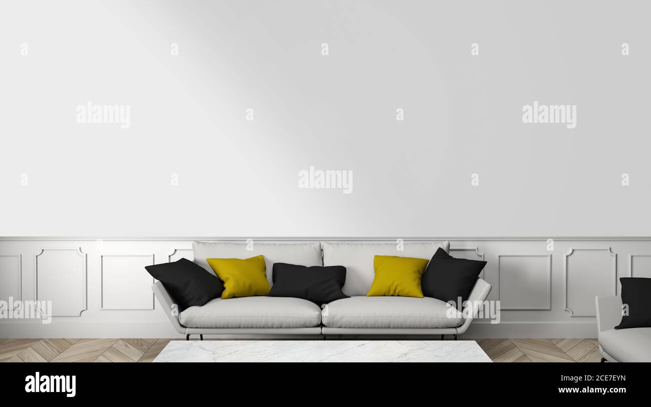 Soggiorno con rendering 3D a parete vuota Foto Stock