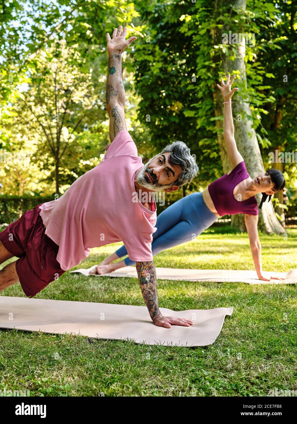 Coppia concentrata facendo yoga sui tappetini insieme in Phalakasana con braccio sollevato durante la giornata di sole nel parco Foto Stock