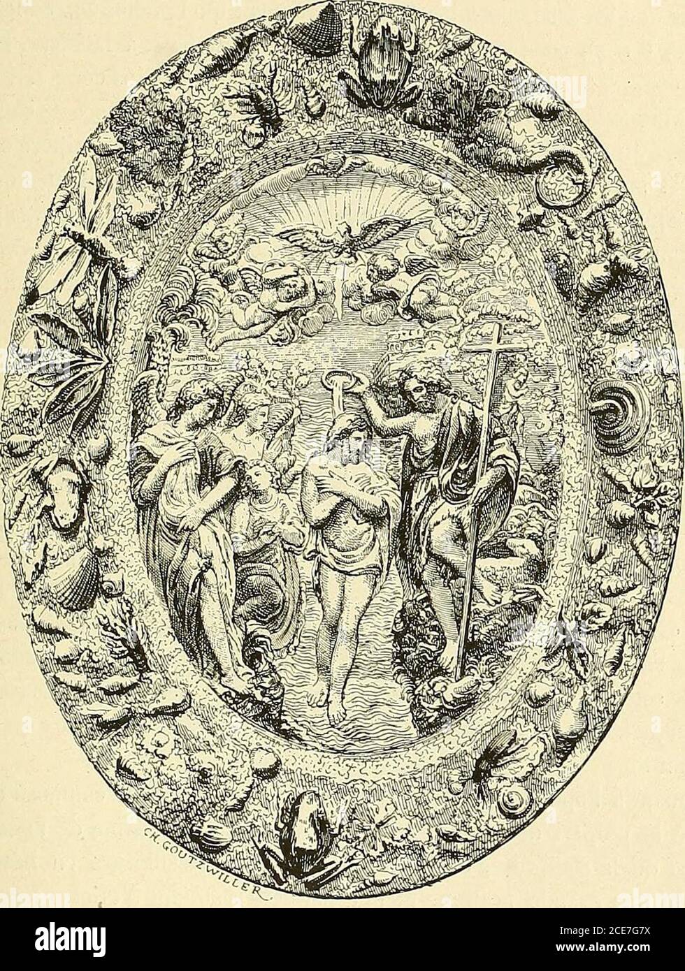 . Gazette des beaux-Arts . leurs anguilles qui serpententsur un lit de fougères et de mousse, leurs poissons qui nagent autourdun îlot au centre duquel dort une vipère gracieusement enroulée surelle-même, leurs bordures vivantes, animées par des grenouilles, desécreses, Des lézards et par ces mille jyc/ZVS bestions placés sur des feuil-lages de chêne et de laurier. Malgré « le peu de conventance dune sem-blable décoration, aggravée encore, dit M. Charles Blanc, par la véritésaissante de ces lézards, de ces écrevisses, de ces poissons moulés surnature, avec le chagriné de leur peau, le piqu Foto Stock