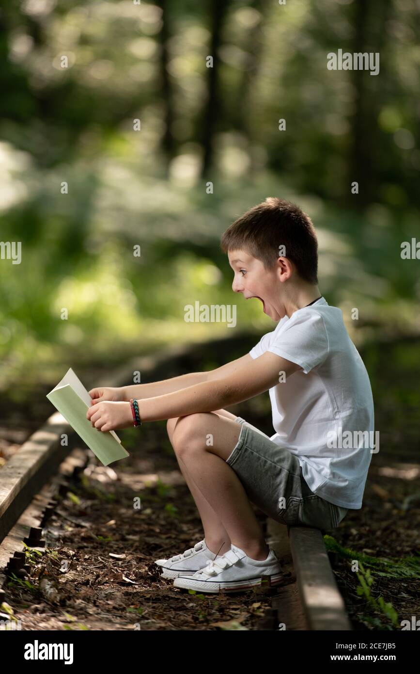 Stupito presteen ragazzo seduto in giardino e mostrando volto sorpreso espressione durante la lettura di una storia interessante Foto Stock