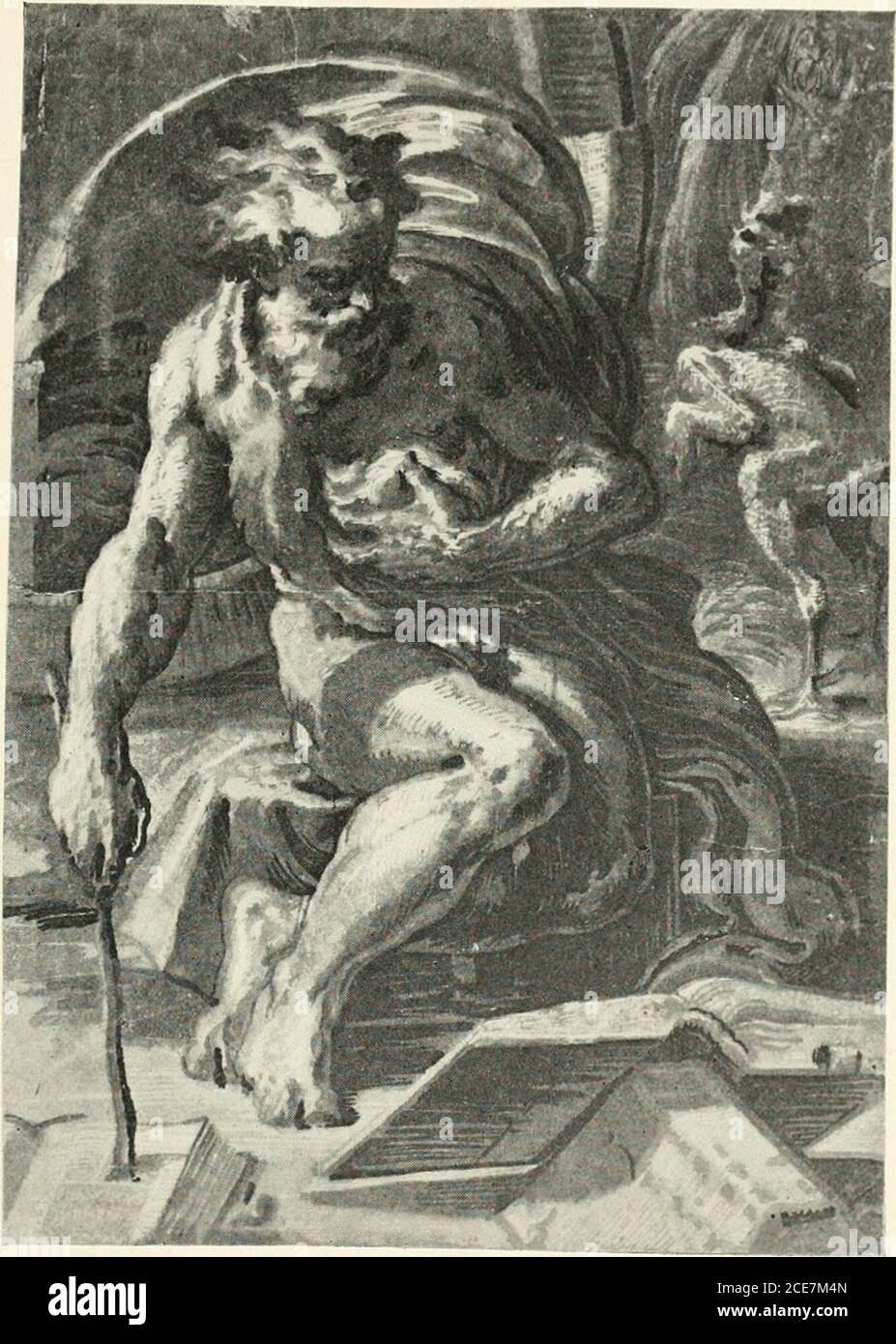 . Stampe; una breve rassegna della loro tecnica e storia . &lt; si §^ cs o H. DIOGENESChiaroscuro woodcut di Ugo da Carpi ITALIA il chiaroscuro compie un passo nella direzione della pittura traducendo il colore in toni separati dando l'efice di un disegno di lavaggio semi-colorato. Il processo è stato utilizzato in vari modi, in vari paesi e in diversi momenti, ma l'era d'oro del chiaroscuro è il XVI secolo in Italia. L'esempio selezionato, Diogenes, di Ugoda Carpi, è uno dei migliori del periodo. È impossibile rendere in questa riproduzione monocromatica il ricco bagliore del super-imposto Foto Stock