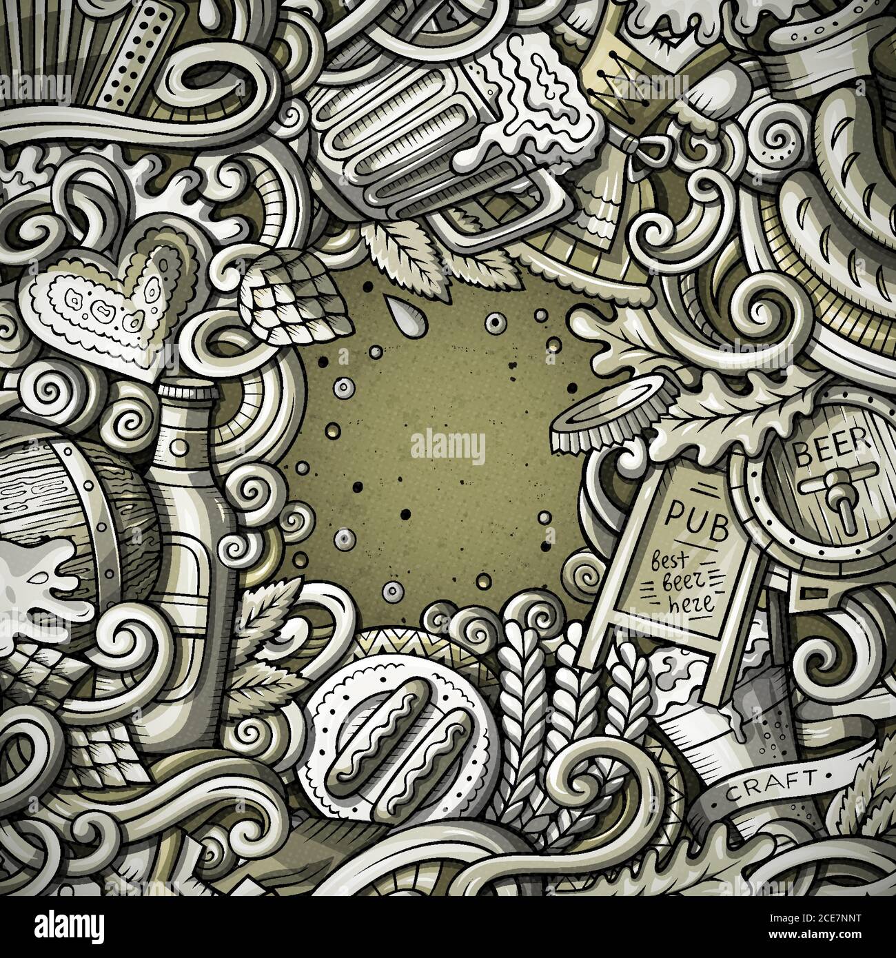 Cartoon carino doodles disegnati a mano birra fest design cornice Illustrazione Vettoriale