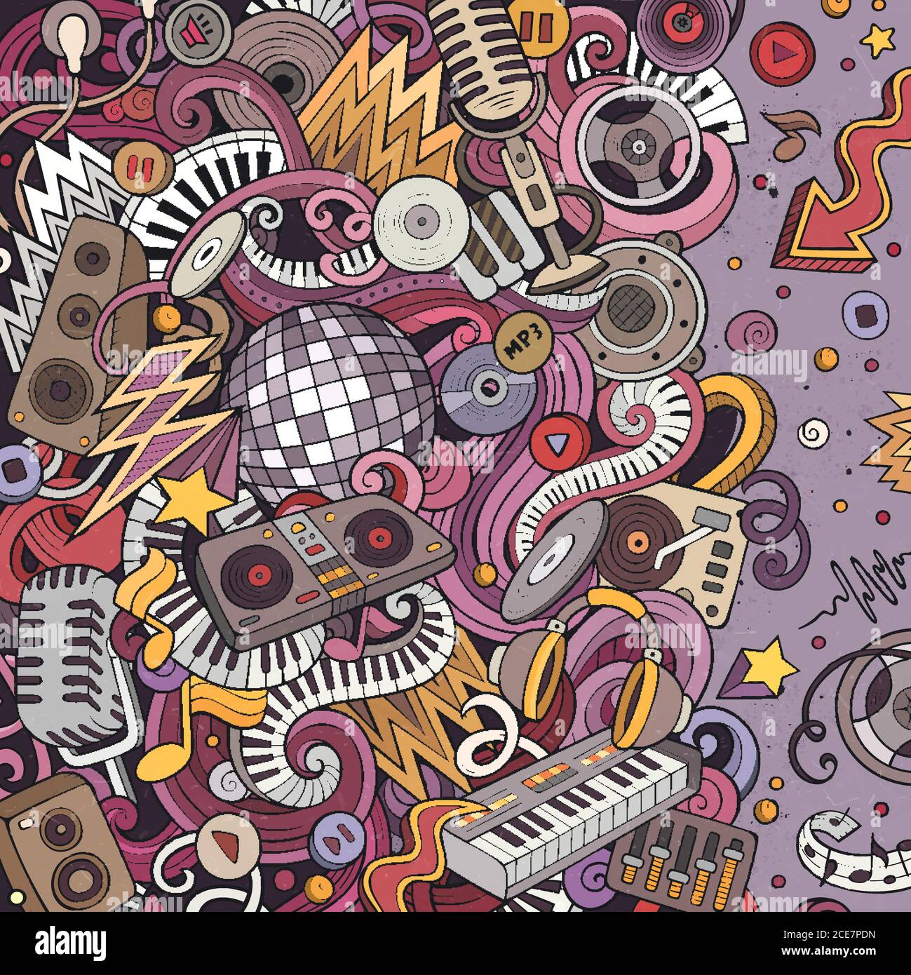 Cartoon vettoriale doodles cornice musicale disco Illustrazione Vettoriale
