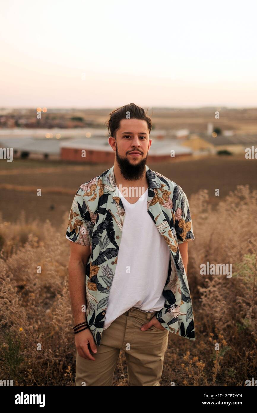 Uomo con bearded premuroso in abbigliamento casual in piedi vicino a erba crescente illuminato dal sole al tramonto in estate in campagna e. guardando la fotocamera Foto Stock