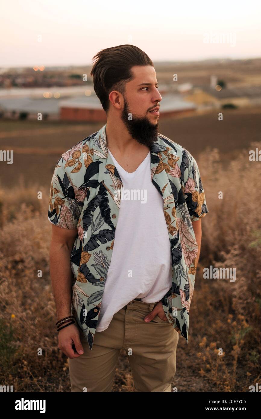 Uomo con bearded premuroso in abbigliamento casual in piedi vicino a erba crescente illuminato dal sole al tramonto in estate in campagna e. guardando via Foto Stock