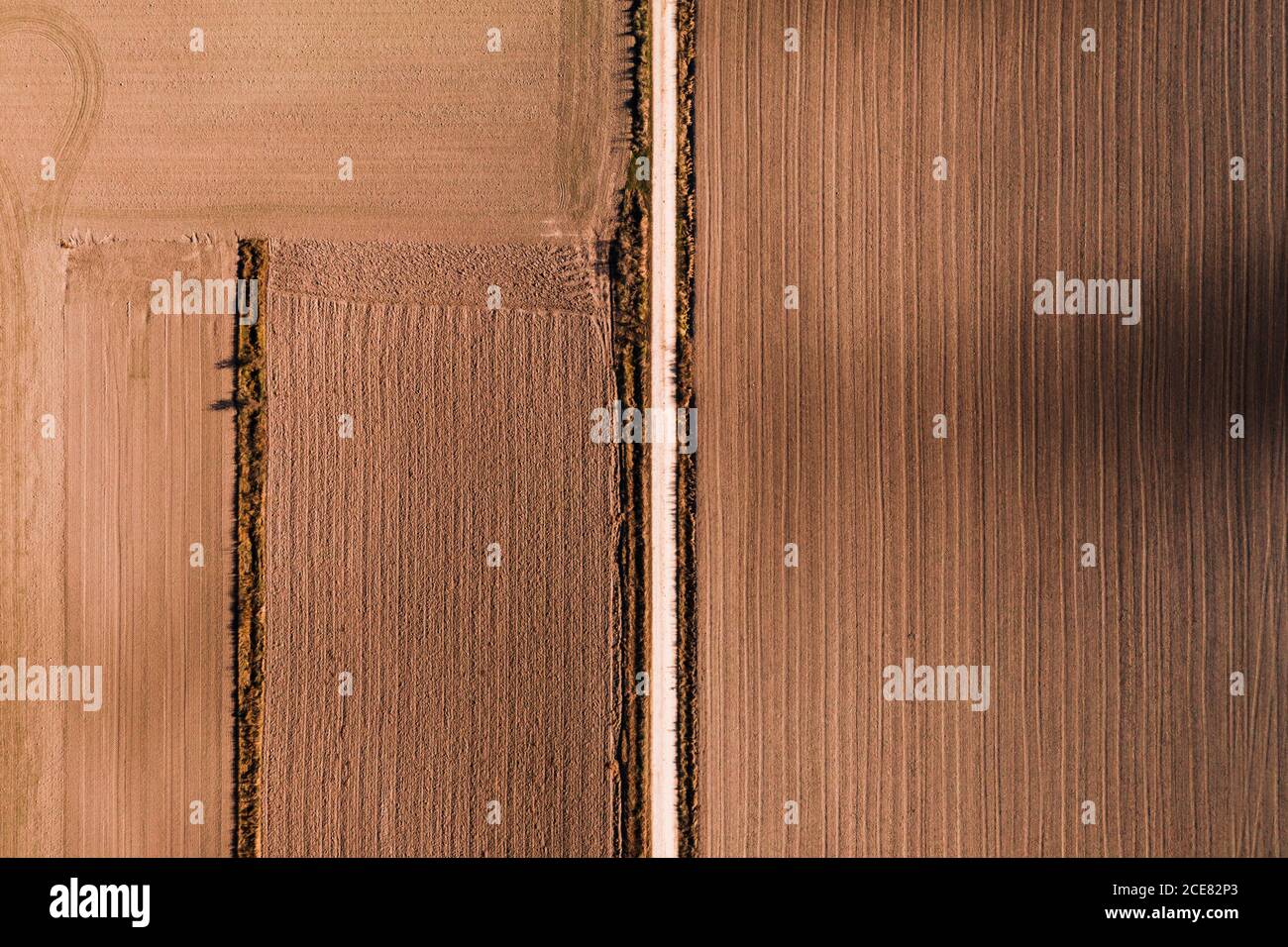 Dall'alto vista aerea della strada rettilinea che attraversa l'agricoltura campo in zona rurale nel giorno d'estate Foto Stock