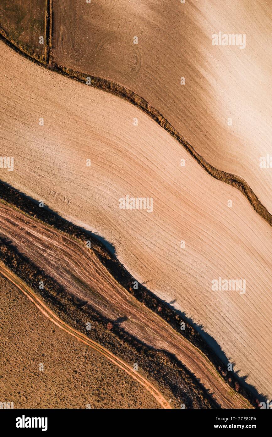 Dall'alto vista aerea del campo agricolo nelle zone rurali in estate Foto Stock