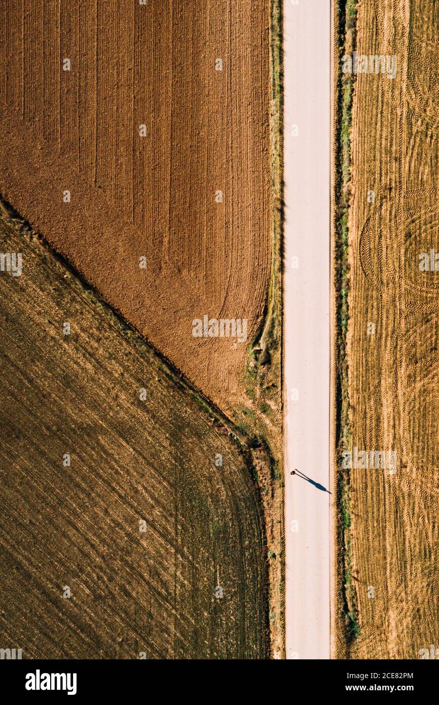 Dall'alto vista aerea della strada rettilinea che attraversa l'agricoltura campo in zona rurale nel giorno d'estate come uomo passeggiate lungo la strada Foto Stock