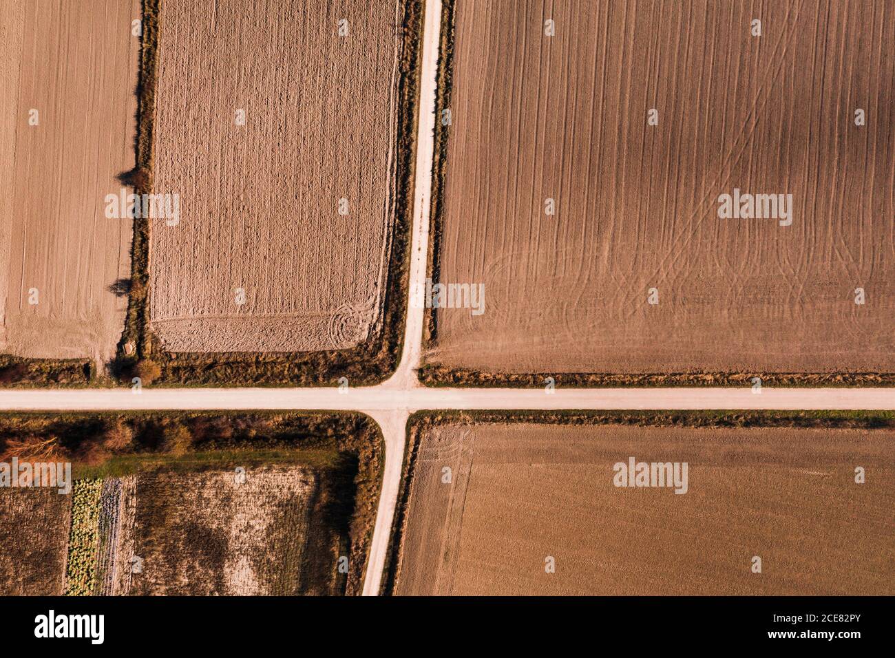Da sopra vista aerea di crocevia che attraversa il campo agricolo in zona rurale nel giorno d'estate Foto Stock
