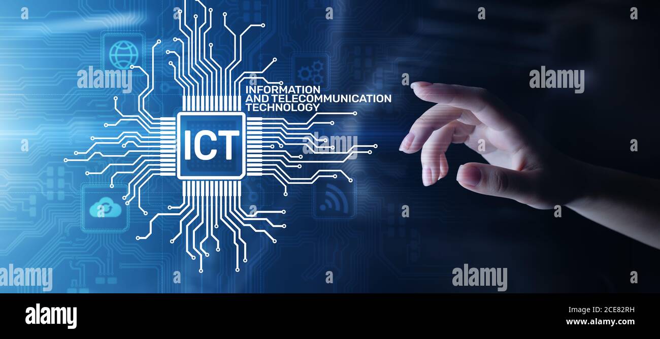 ICT - information e communication technology concetto su schermo virtuale Foto Stock