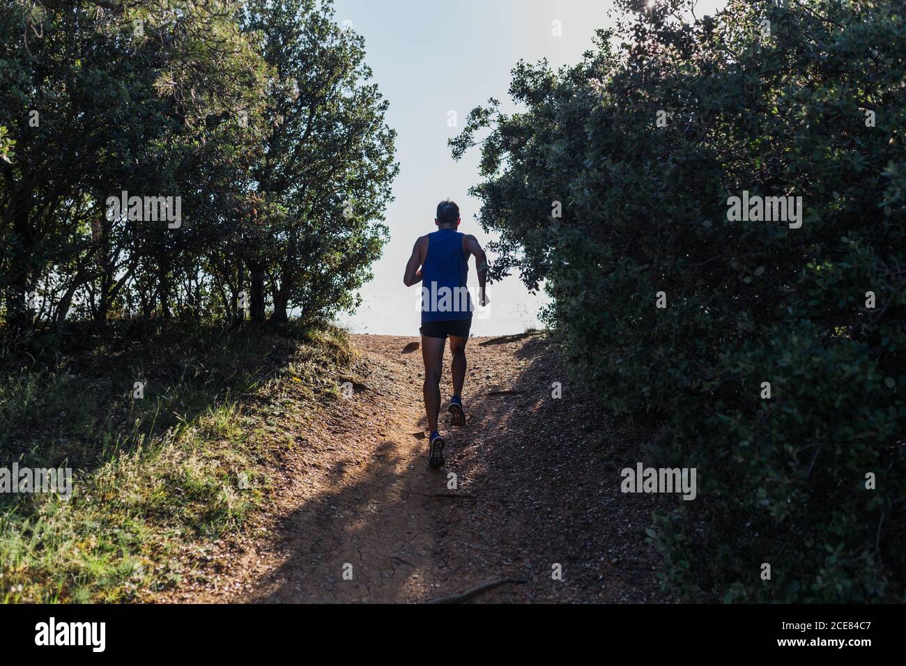 Uomo determinato che corre sulla natura durante l'allenamento Foto Stock
