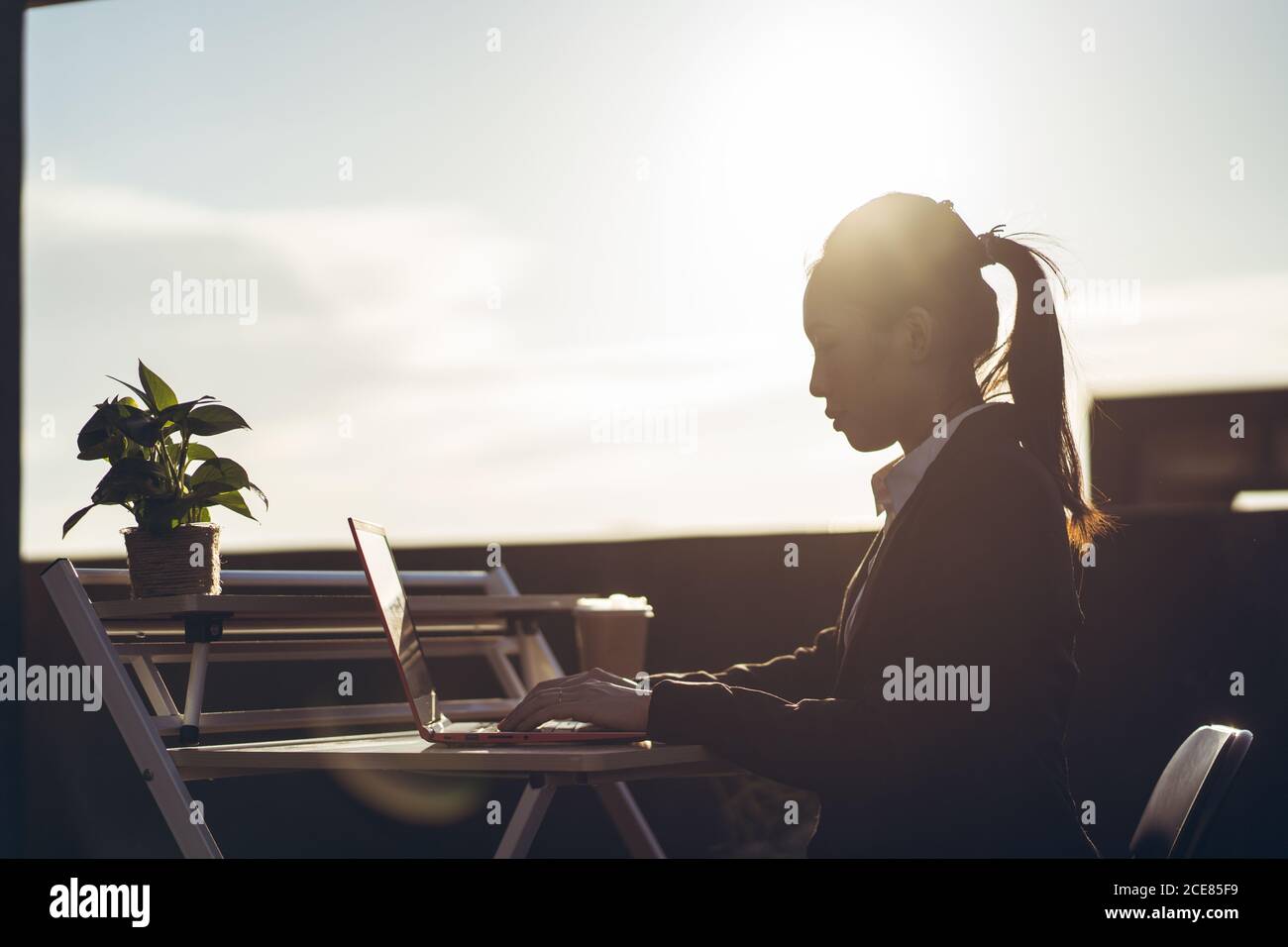 Vista laterale della giovane donna asiatica d'affari in abiti formali utilizzo di un computer portatile mentre si lavora in remoto sulla terrazza panoramica della città Foto Stock